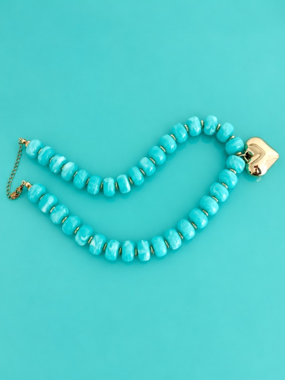 Vibrant Turquoise Marbled Beaded Statement Necklace & Gold Puffy Heart